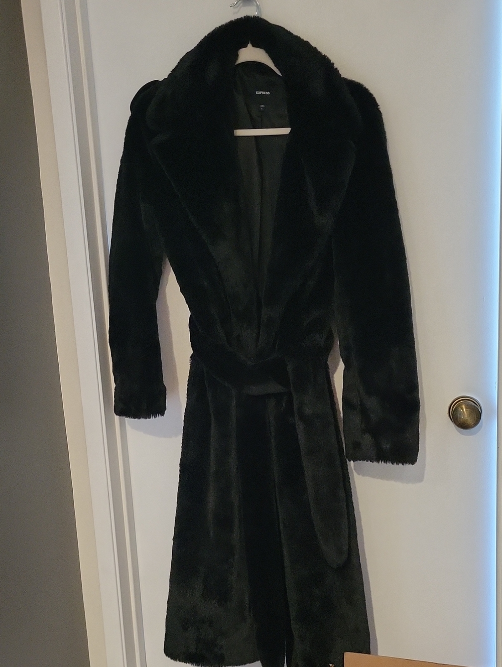 Express Black Faux Fur Long Belted Coat